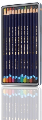 Creioane colorate Derwent Professional Inktense, cutie metalica, solubile in apa, 12 culori/set